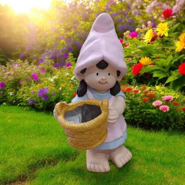 Fenerli Cüce Heykel Biblo Seti 2 Adet Dekoratif Saksılı Cüce Seti - 5