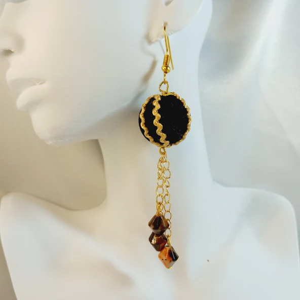 Siyah Altın Rengi Detaylı Zincirli El Yapımı Sallantılı Küpe - 5