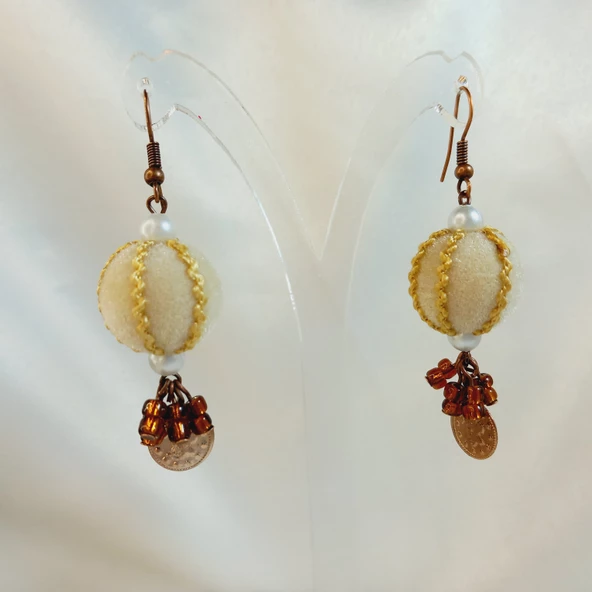 Krem- Kahverengi Bohem Tarz El Yapımı Sallantılı Küpe - 3