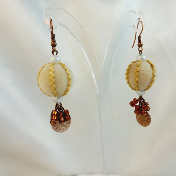 Krem- Kahverengi Bohem Tarz El Yapımı Sallantılı Küpe - 2