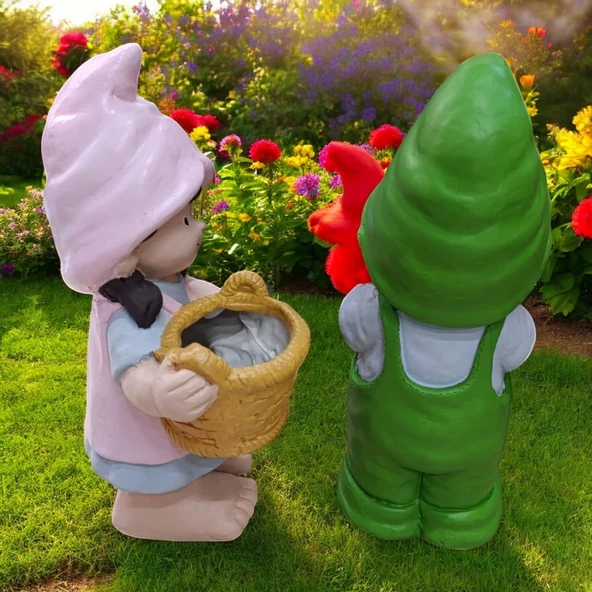 Fenerli Cüce Heykel Biblo Seti 2 Adet Dekoratif Saksılı Cüce Seti - 2