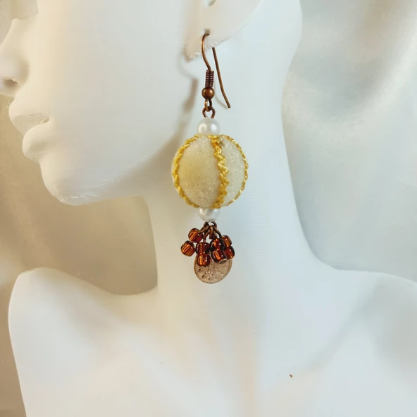 Krem- Kahverengi Bohem Tarz El Yapımı Sallantılı Küpe - 5