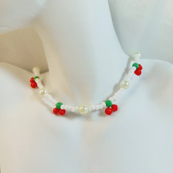 Kiraz Şekilli El Yapımı Boncuklu Aesthetic Soft Vibes Vintage Kolye - 5