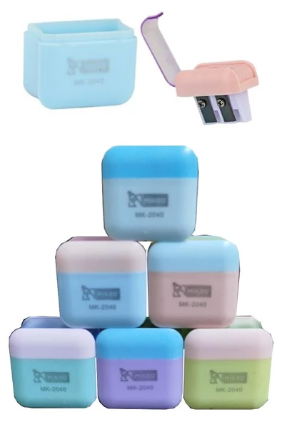 Kalemtıraş Çift Bıçaklı Hazneli 6 Renk 1 Paket MK-2040 Pastel Renkler iki Bıçaklı Jumbo Kalemtraş Kalem Açaçagı Plastik
