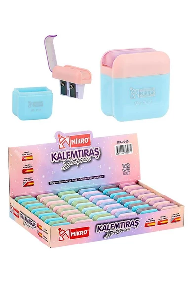 Kalemtıraş Çift Bıçaklı Hazneli 6 Renk 1 Paket MK-2040 Pastel Renkler iki Bıçaklı Jumbo Kalemtraş Kalem Açaçagı Plastik - 2
