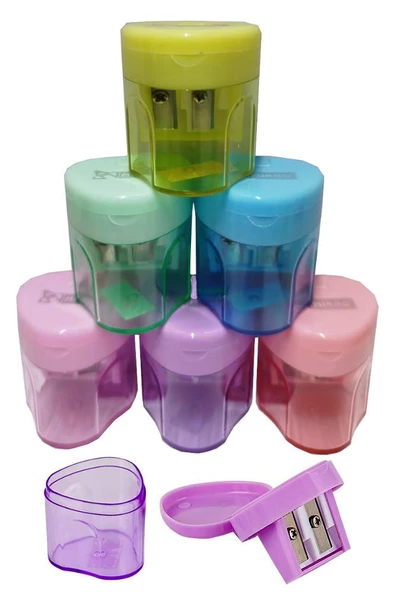 Kalemtıraş Çift Bıçaklı Hazneli 6 Renk 1 Paket MK-4014 Pastel Renkler iki Bıçaklı Jumbo Kalemtraş Kalem Açaçagı Plastik
