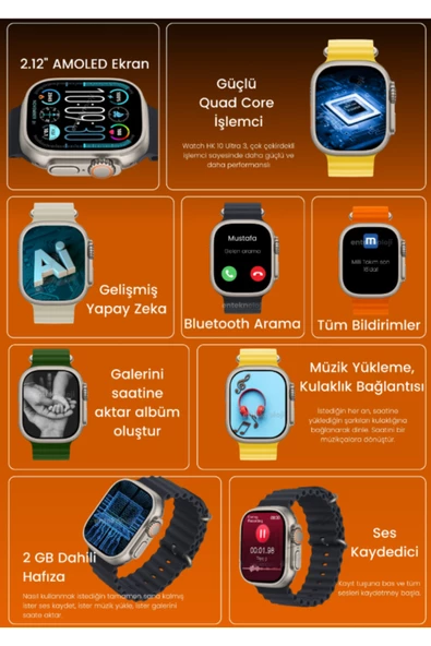 Apple iPhone 11 Pro Uyumlu Akıllı Saat Watch ULTRA2 49MM Kordon Hediyeli - Son Versiyon - 3