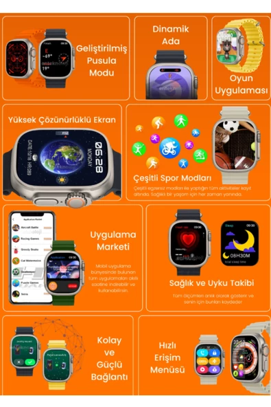 Apple iPhone 16 PRO Uyumlu Akıllı Saat Watch ULTRA2 49MM Kordon Hediyeli - Son Versiyon - 4