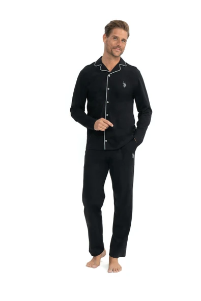 U.S. Polo Assn. Erkek Patlı Boydan Düğmeli Uzun Kol Kutulu Pijama Takımı - 1