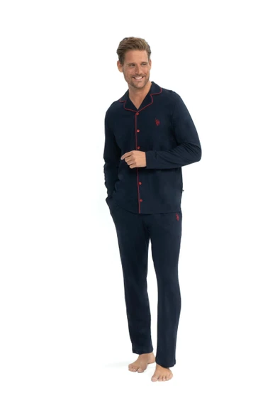 U.S. Polo Assn. Erkek Patlı Boydan Düğmeli Uzun Kol Kutulu Pijama Takımı - 2
