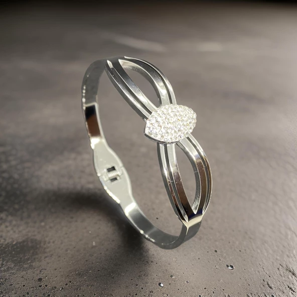 Gümüş Renk Minimal Tasarım ve Zirkon Taşlar 316L Süslenmiş Oval Motif Kadın Çelik Bileklik - 1