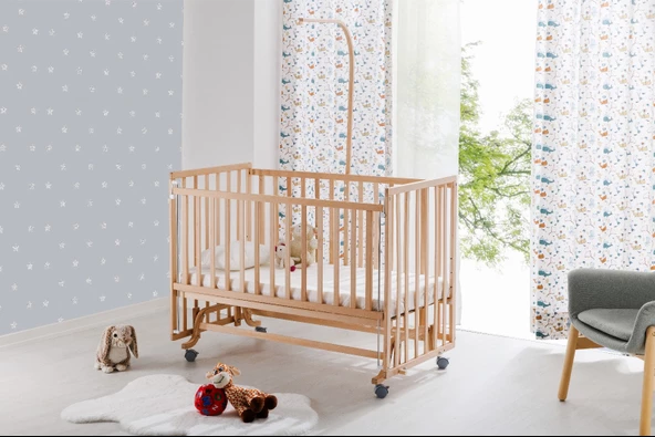 Babywho Bw6040 Fıore Doğal Ahşap Bebek Beşiği - Tekerlekli, Sallanır, Kademeli, Anne Yanı Beşik - 60x120cm