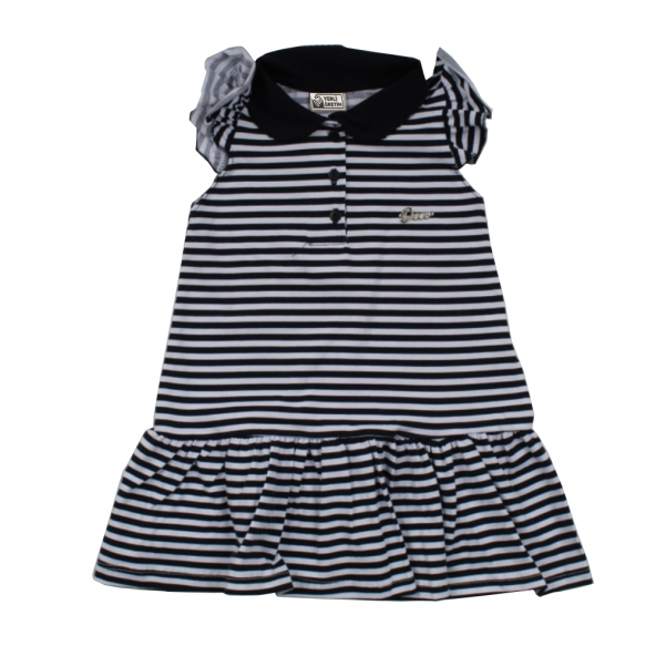 Çizgili - Yakalı Kız Çocuk Lacivert Renk Elbise 21442