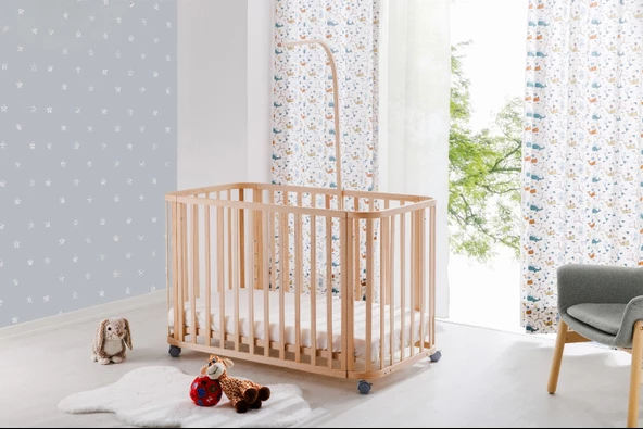 BW 6090 - Tekerlekli Sallanır Sabitlenir Kademeli Anne Yanı Ahşap Bebek Beşik 70x130