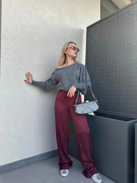 Kadın Kayık Yaka Boncuk Detaylı Kazak Gri - Resim 6