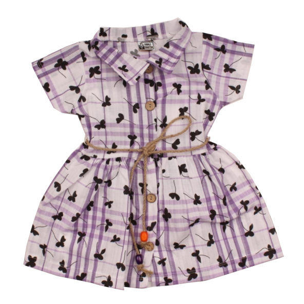 Önden Düğmeli Kemerli Kız Çocuk Elbise - Lila Renk - 30410