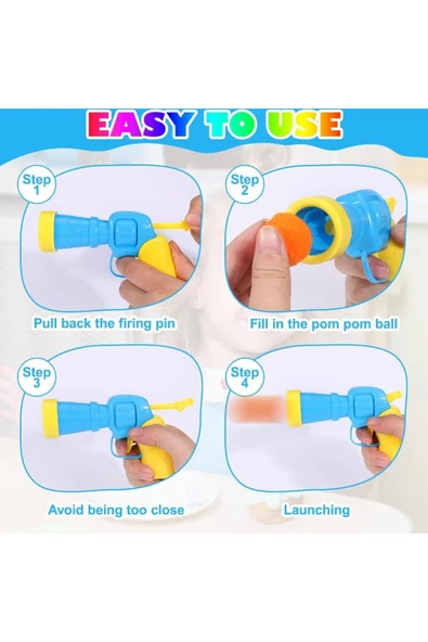 Oyuncak Peluş Ponpon Top Atan Fırlatan Ponpon Tabancası 20 Adet Ponponlu Oyun - 4