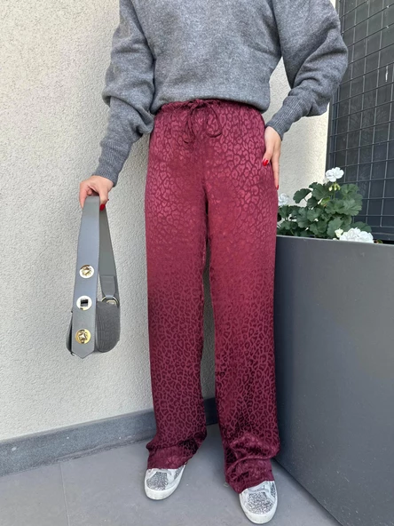 Kadın Jakarlı Geniş Paça Pantolon Bordo