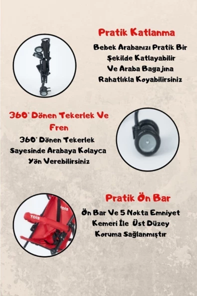 TOİS Roma Ön Bariyerli Pratik Katlanabilir Hafif Bebek Arabası - 4