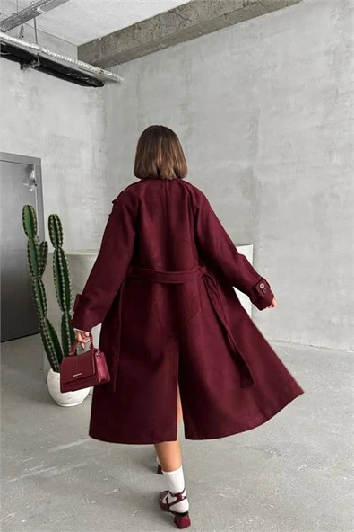 kadın astarlı bordo ithal kaşe kaban DPNBG048 - 5