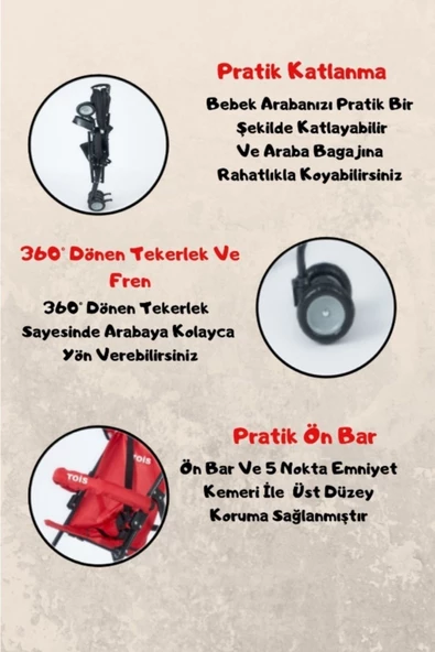 TOİS Roma Ön Bariyerli Pratik Katlanabilir Hafif Bebek Arabası Ve Bebek Arabası Yağmurluğu - 4