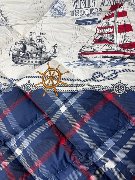 Clasy %100 Pamuk Ranforce Tek kişilik Yorgan Maritime Denizci Gemi Desenli Çocuk Yorgan Mavi - 1