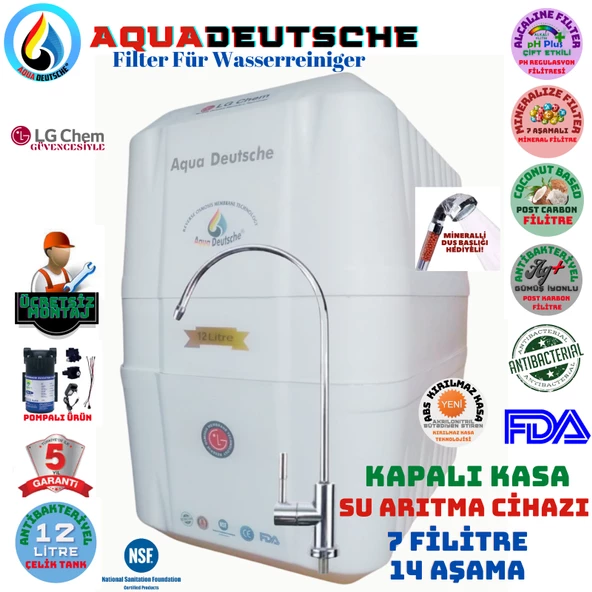 AQUA DEUTSCHE BEYAZ POMPALI MONTAJ DAHİL12 LİTRE 7 FİLTRE 14 AŞAMA SU ARITMA CİHAZI
