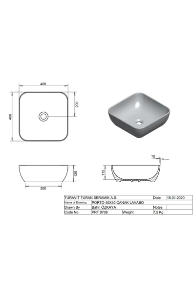Turavit Porto Çanak Beyaz Kare Deliksiz Lavabo 40 cm PRT0708 - 6