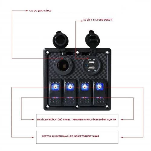 SWITCH PANEL 4 LÜ 12V,USB (L6S3)120*130mm - 2