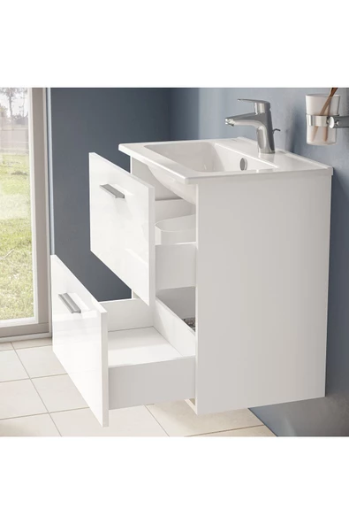 Mia 75021 Banyo Dolabı Seti, Çekmeceli, 60 Cm, Parlak Beyaz - 6