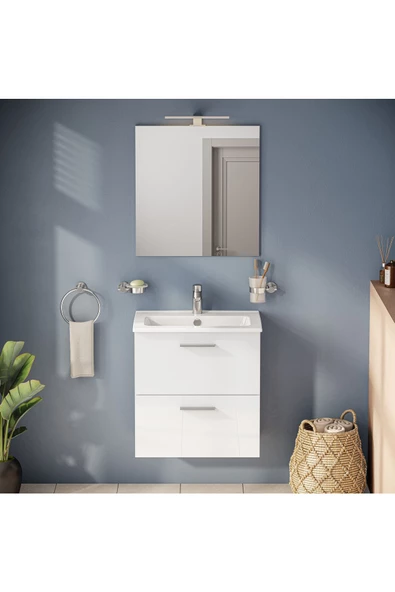 Mia 75021 Banyo Dolabı Seti, Çekmeceli, 60 Cm, Parlak Beyaz - 3