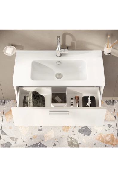 Mia 75024 Banyo Dolabı Seti, Çekmeceli, 80 Cm, Parlak Beyaz - 3