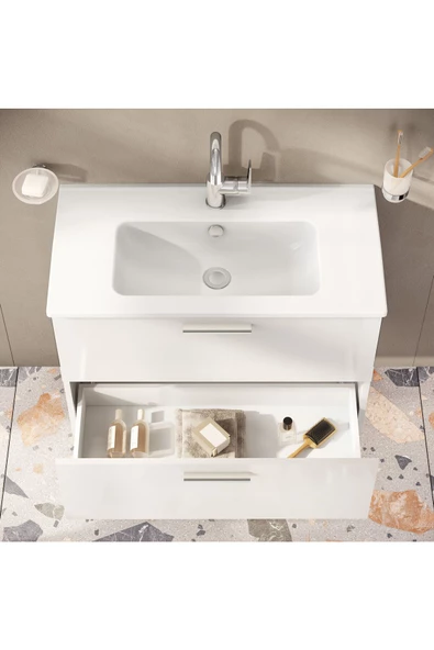 Mia 75024 Banyo Dolabı Seti, Çekmeceli, 80 Cm, Parlak Beyaz - 4