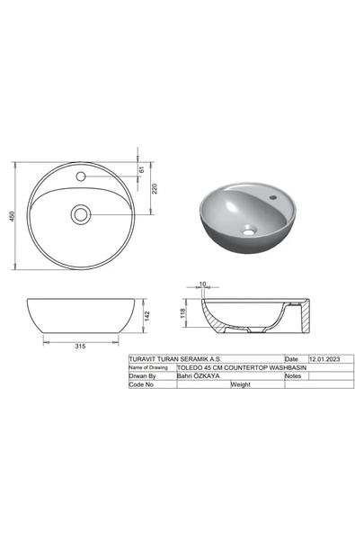 TLD 0712 Toledomix Çanak Lavabo Batarya Delikli 40 Cm - 3