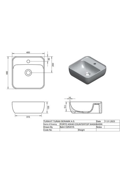 PRT 0711 Porto Çanak Lavabo Batarya Delikli 40X40 Cm - 4