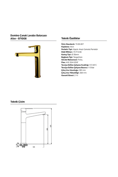 Domino Altın Çanak Lavabo Bataryası,971008 - 2