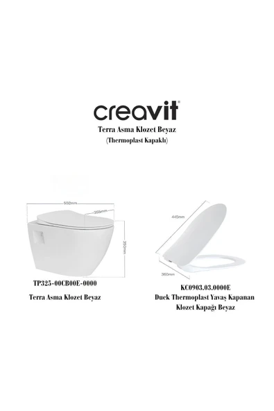 Creavit Terra Beyaz Kanalsız Asma Klozet TP329, Creavit Terra Duck Yavaş Kapak - 5