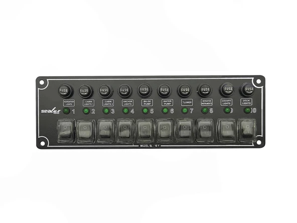 10 ANAHTARLI İZOLELİ YATAY SWITCH PANEL / TEKNE ve KARAVAN SİGORTA PANELİ / ELEKTRİK KUMANDA PANELİ