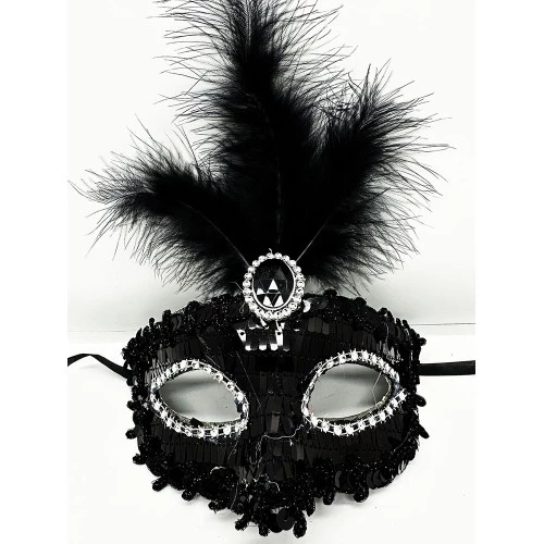 Siyah Renk Payetli Pullu Tüylü Parti Maskesi ürün görseli