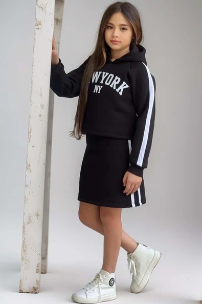 Kız Çocuk New York Baskılı Kapüşonlu Sweatshirt İp Askılı Penye Kumaş Elbise 2li Siyah Takım - Resim 4