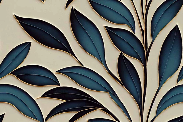 Mavi Yaprak İşleme Desenli Duvar Kağıdı - 7