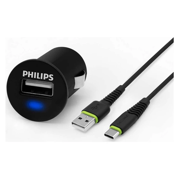 Philips USB Araç Şarj Cihazı 2.1A + USB-C 1.2 mt Şarj Kablosu Siyah