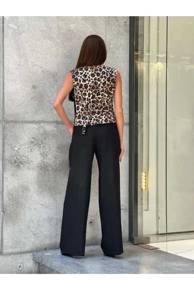 Trend Kadın Önü Düğme Kapamalı Arkası Leopar Desenli Bol Pantolon İkili Takım - 3