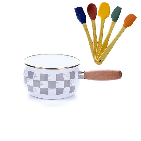 Emaye Sos Tavası Gri Dama Desen 16 CM ve Silikon Spatula Seti