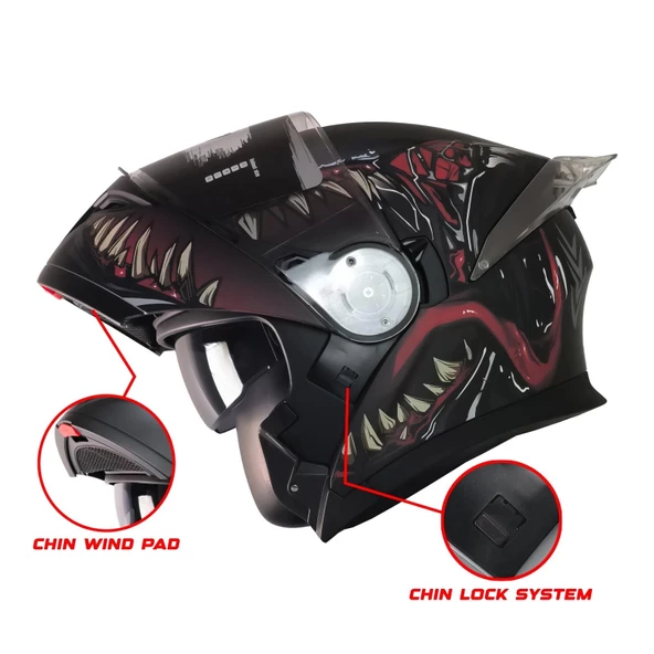 FREE-M 965 SWAMP MAT SİYAH-KIRMIZI ÇENE AÇILIR KASK - Resim 2