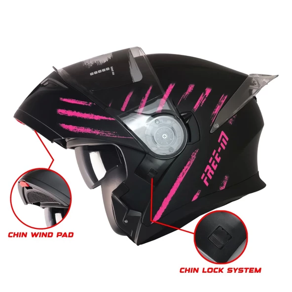 FREE-M 965 PINK ZEBRA MAT SİYAH-PEMBE ÇENE AÇILIR KASK - Resim 2