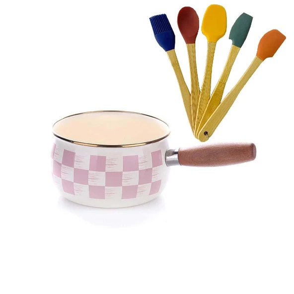 Emaye Sos Tavası Pembe Dama Desen 16 CM ve Silikon Spatula Seti
