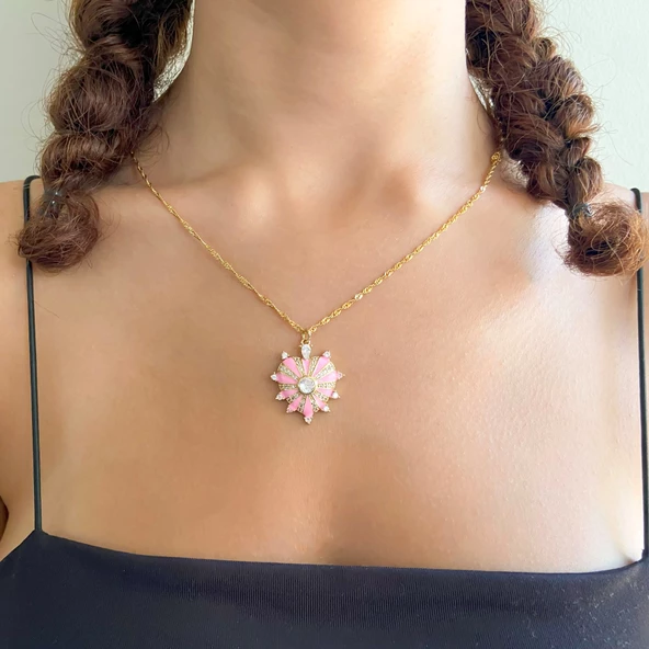 BZ Altın Kaplama Zirkon Taşlı Pembe Kalp Kolye Ucu TGR-578 - 2
