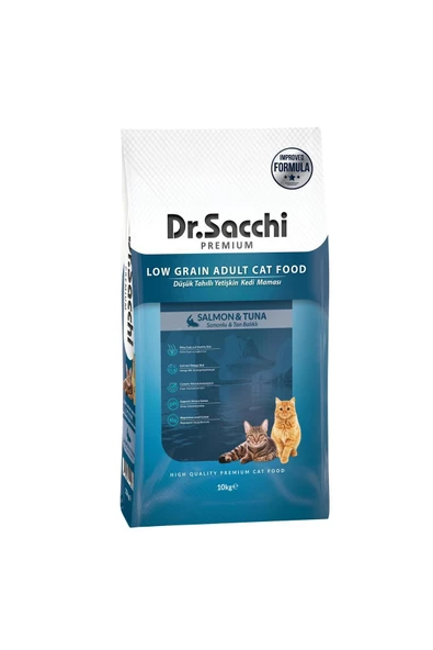 Dr.Sacchi Premium Düşük Tahıllı Somonlu ve Ton Balıklı Yetişkin Kedi Maması 10 Kg