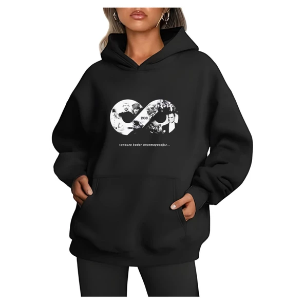 Üç İplik Kapşonlu 10 Kasıma Özel SweatShirt - Siyah - 2